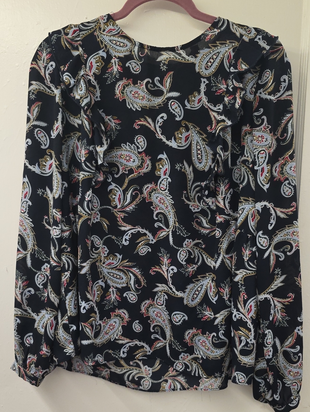 Nanette Lepore Paisley Ruffle Front Blouse Medium Keyhole Long Sleeve